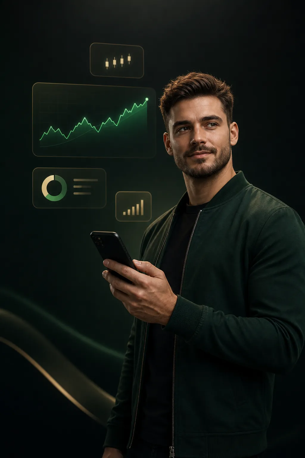 Trader using phone with premium trading interface elements
