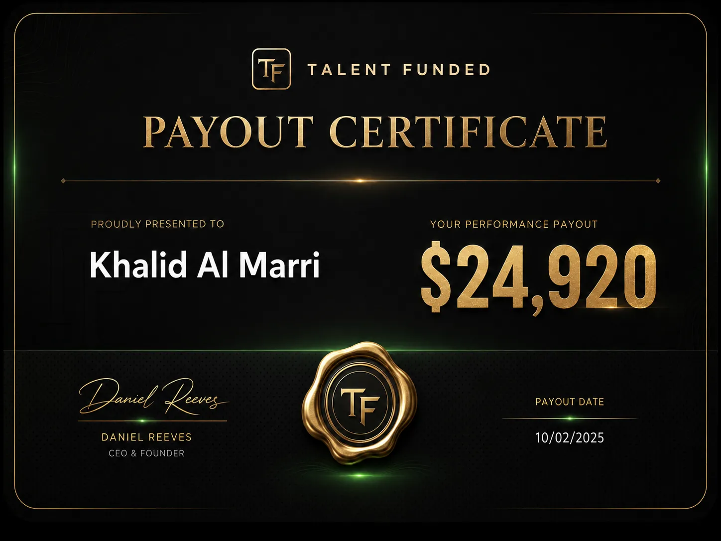 Talentfunded payout certificate 05