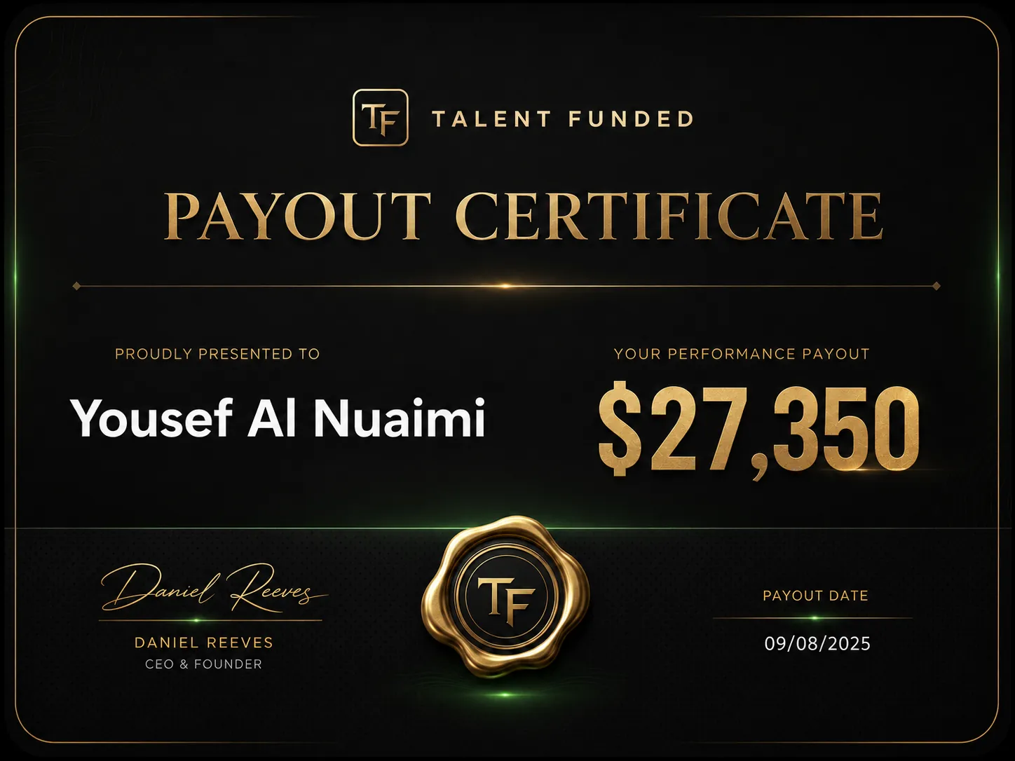 Talentfunded payout certificate 08