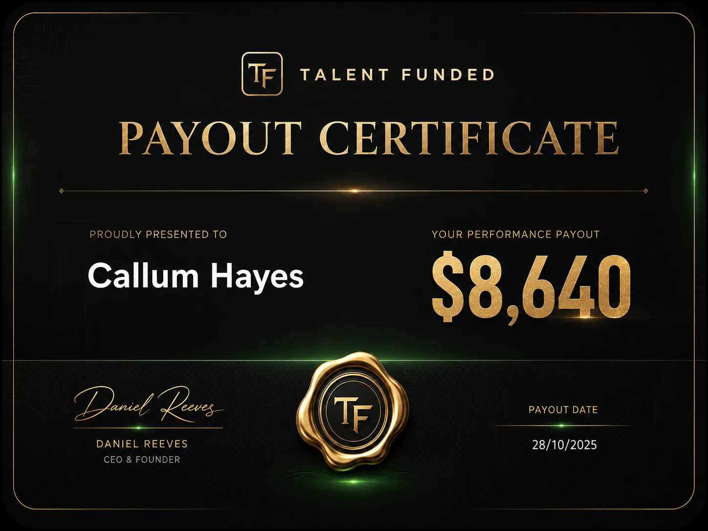 Talentfunded payout certificate 09