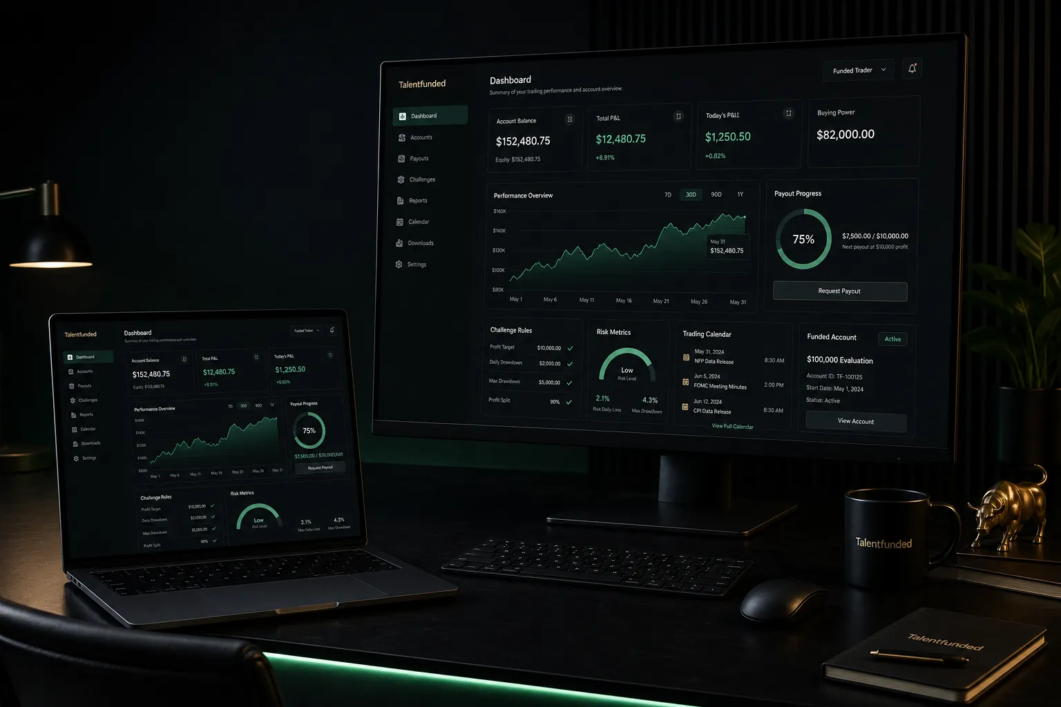 Premium Talentfunded trading dashboard on desktop screens